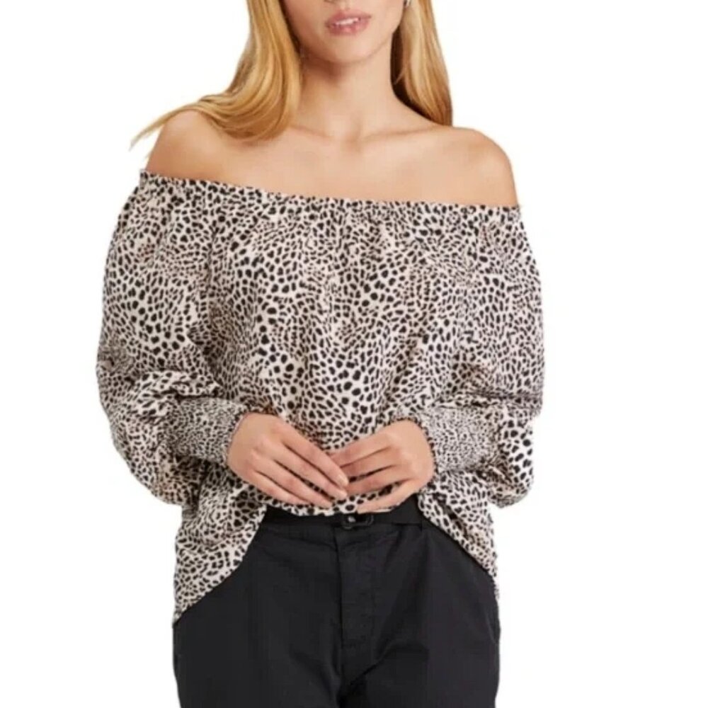 Sanctuary Sunshine Womens Off the Shoulder Leopard Print Long Sleeve Blouse Top